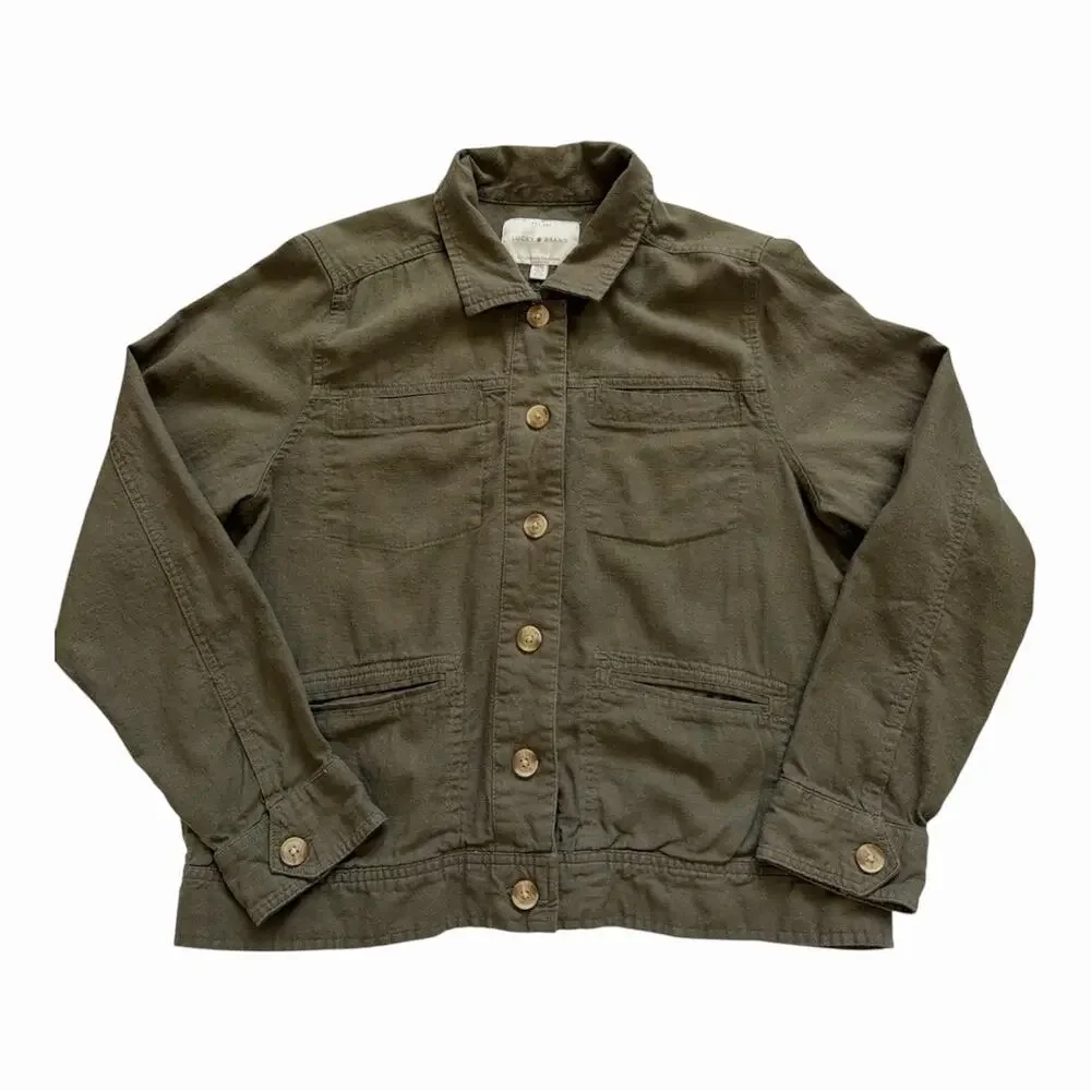 Lucky Brand Jacket Shacket Women’s Medium Olive Green Linen Blend Button Front - Picture 8 of 8